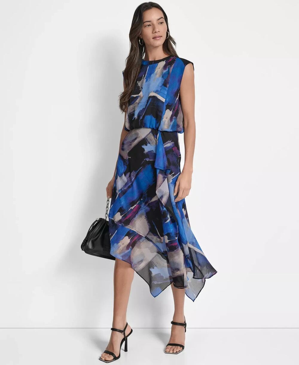 DKNY Printed Blouson Asymmetric-Hem Dress Blue Stroke Multi Size 10 4089